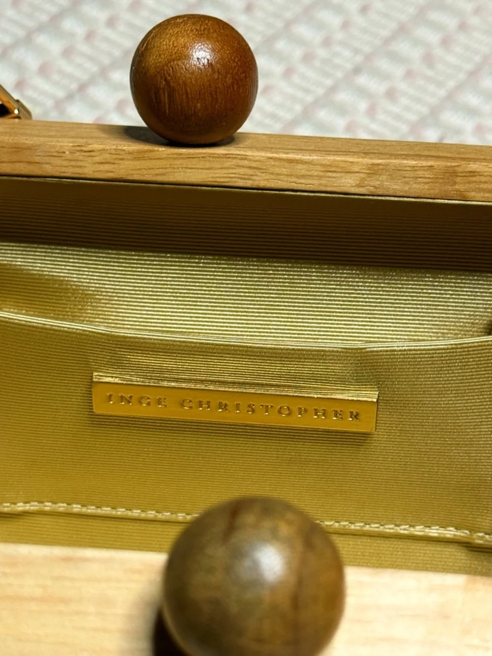 Unique Wooden Box Kisslock Clutch with Gold Chain by Inge Christopher